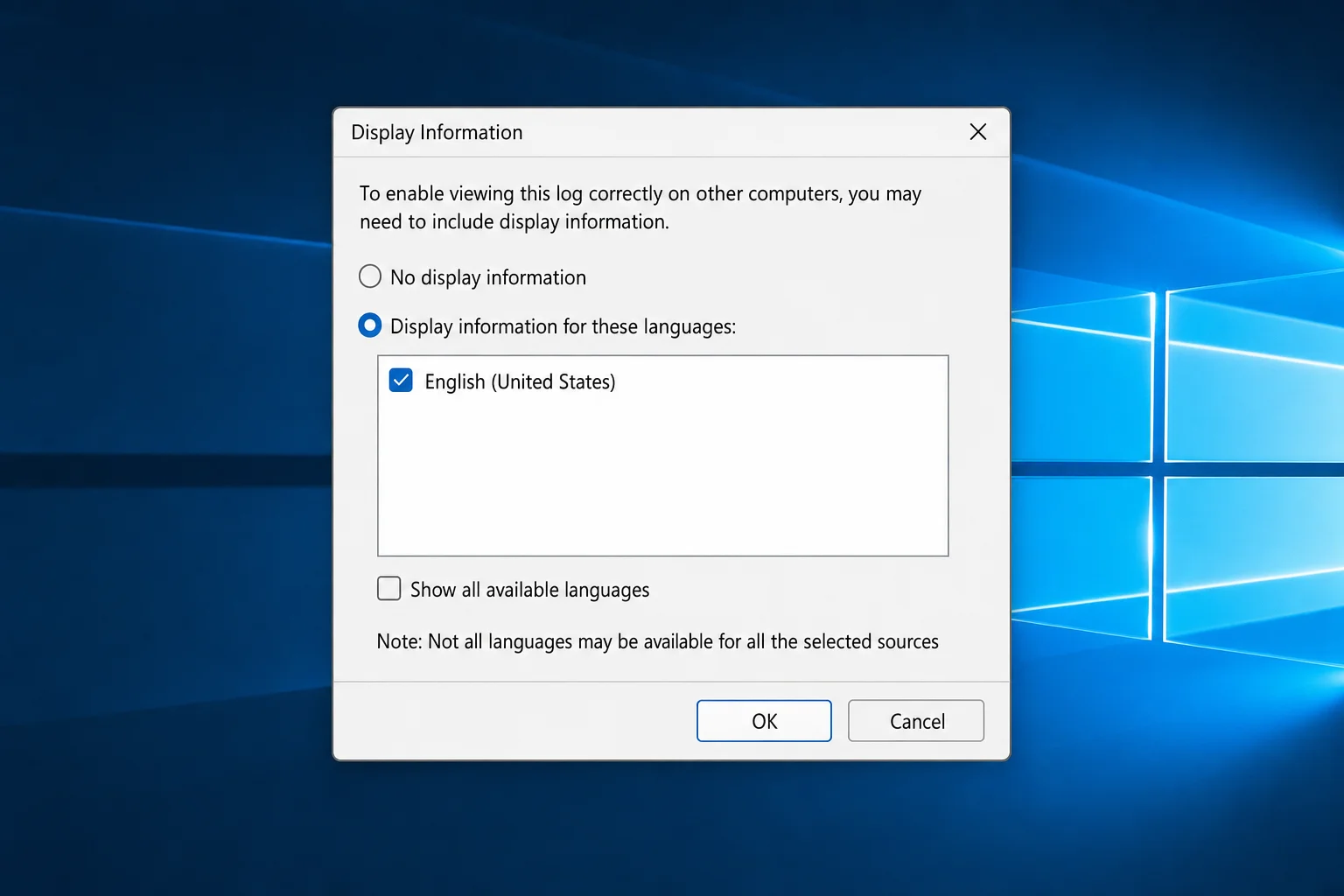 Display Information dialog box with "Display information for these languages" radio button selected and OK button visible
