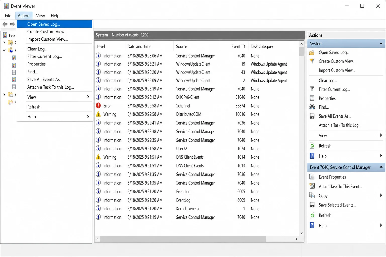 Event Viewer with the Action menu open and "Open Saved Log..." option highlighted