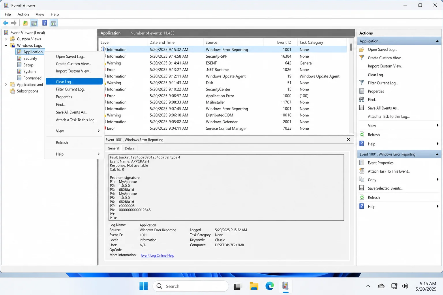 Event Viewer with Application log right-clicked and "Clear Log..." highlighted in the context menu