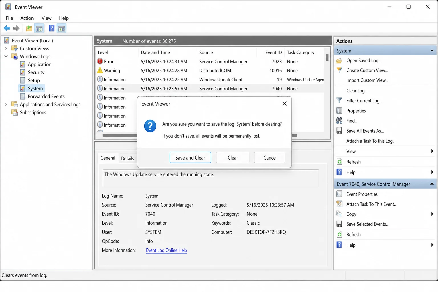 Event Viewer "Save and Clear" confirmation dialog with Save and Clear button and Clear button both visible