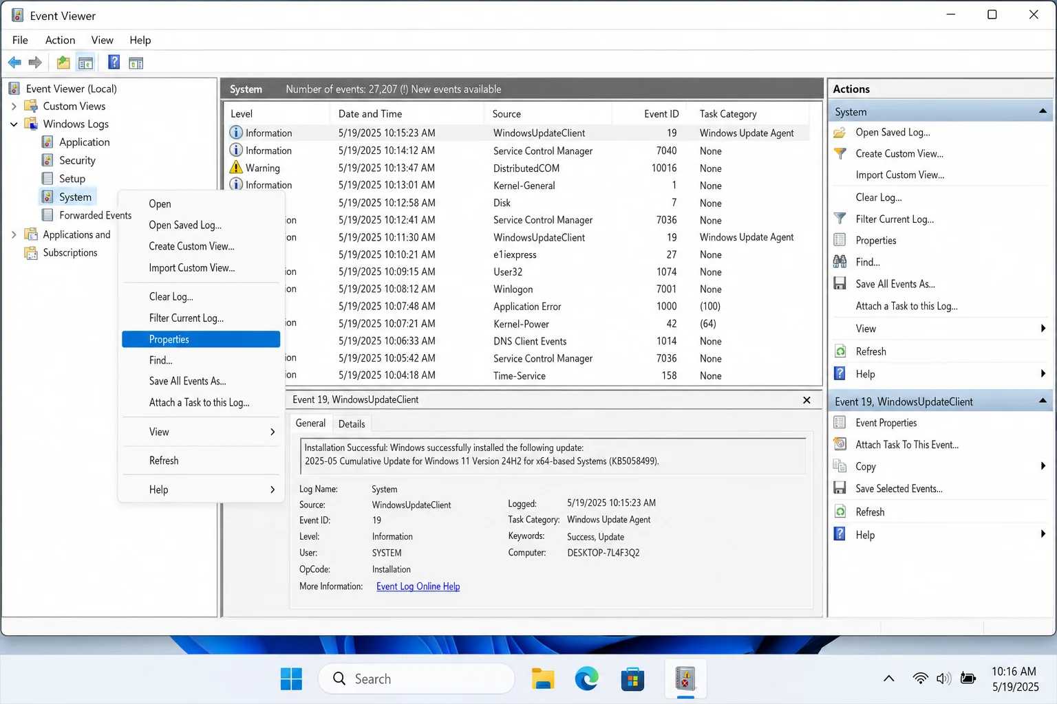 Event Viewer with System log right-clicked and Properties highlighted in the context menu