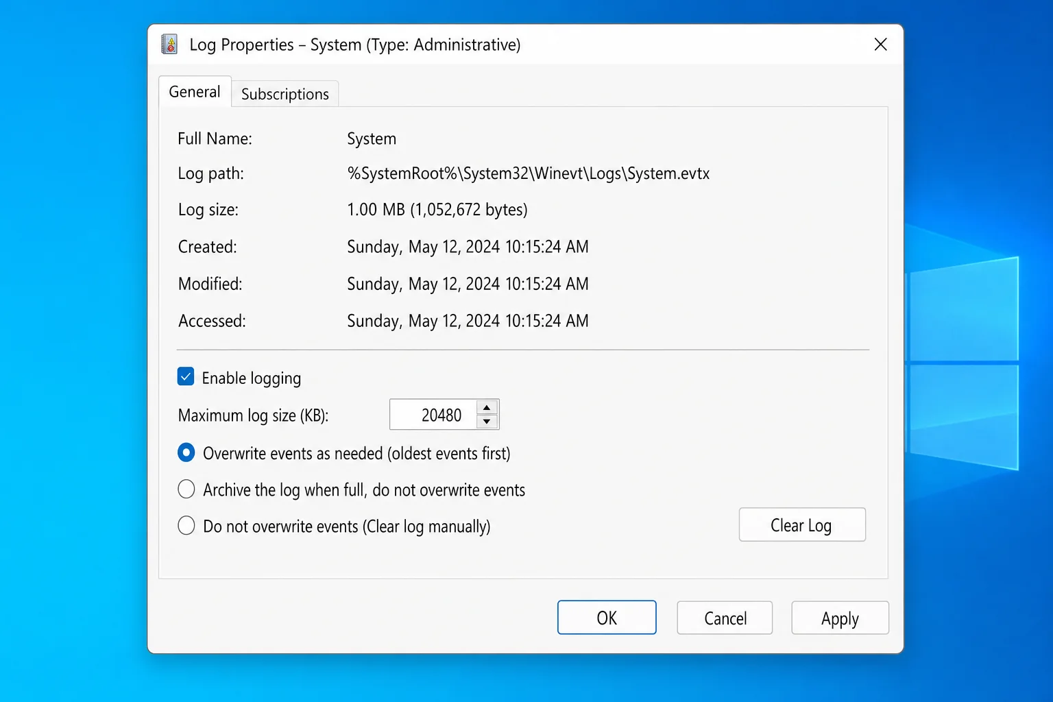 Log Properties dialog for the System log showing Maximum log size (KB) field and the three retention behavior radio buttons with OK button visible