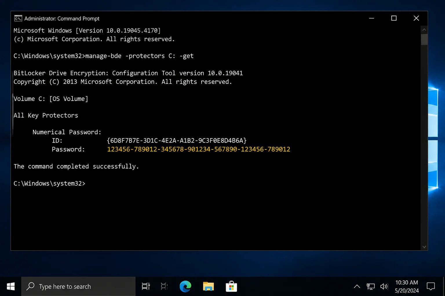 Elevated Command Prompt showing manage-bde protector output with the Numerical Password ID and 48-digit password highlighted