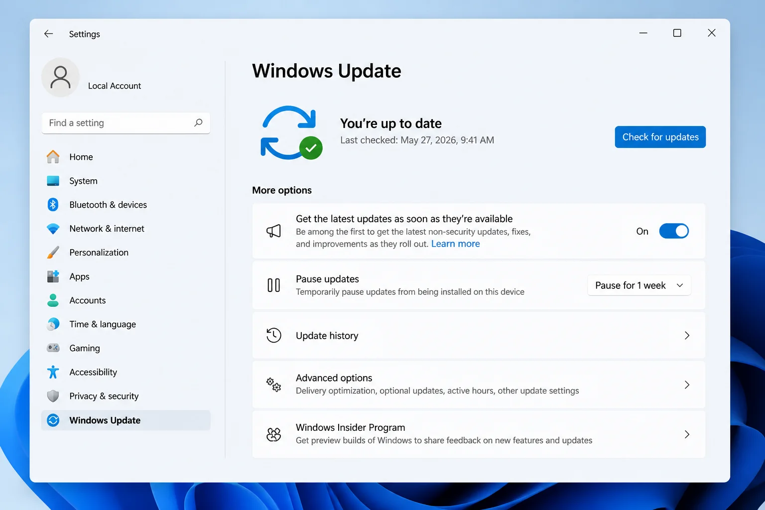 Windows Update settings showing the PC fully updated with a May 2026 or later cumulative update