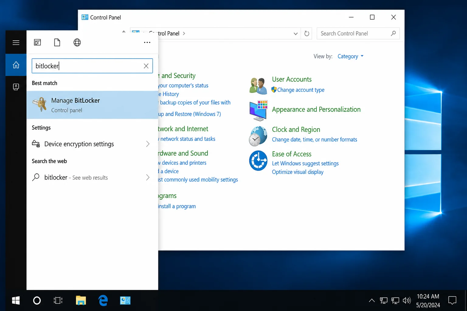 Windows search results for BitLocker showing Manage BitLocker and, where supported, Device encryption