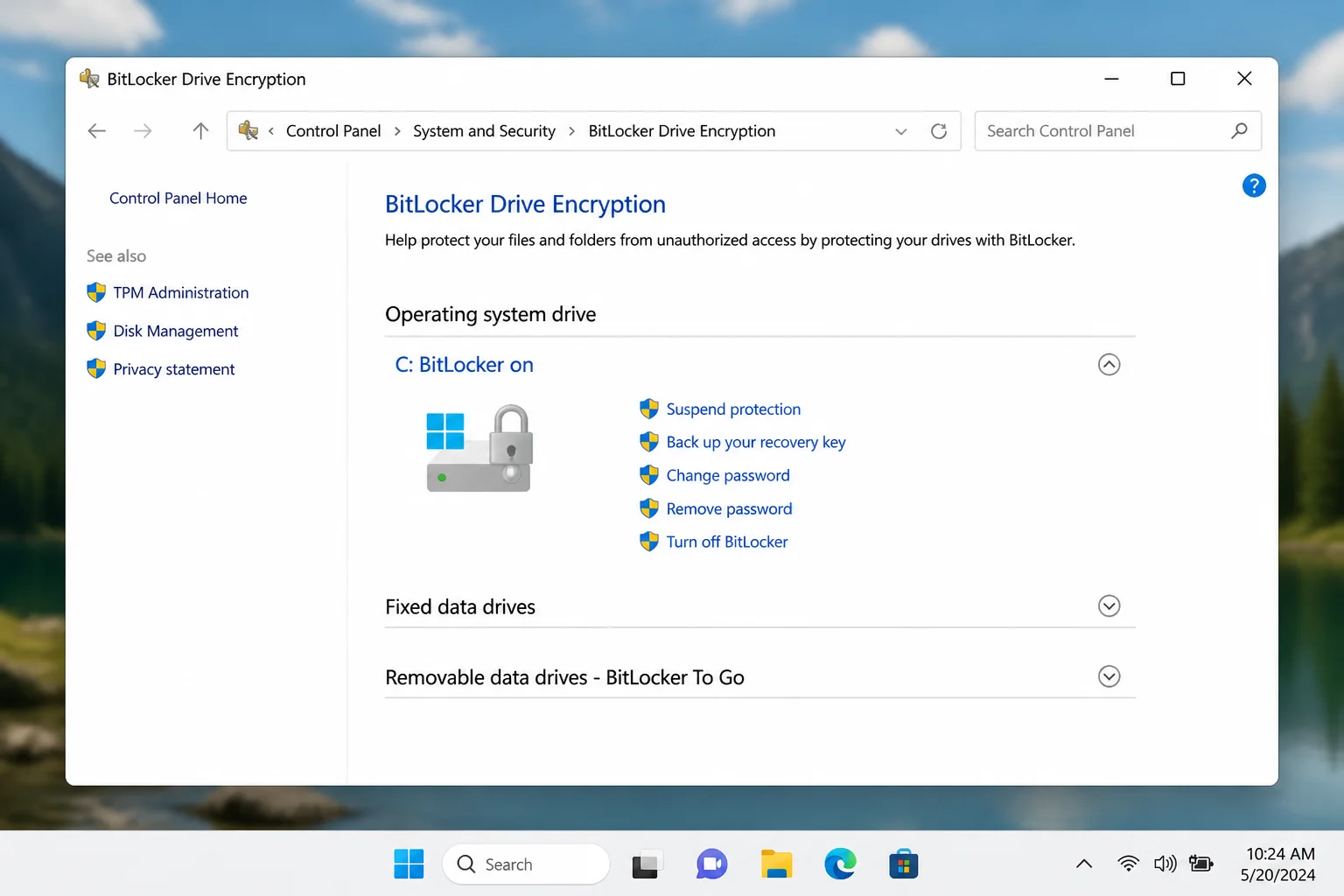 BitLocker Drive Encryption Control Panel showing the C drive, its protection status, and available actions