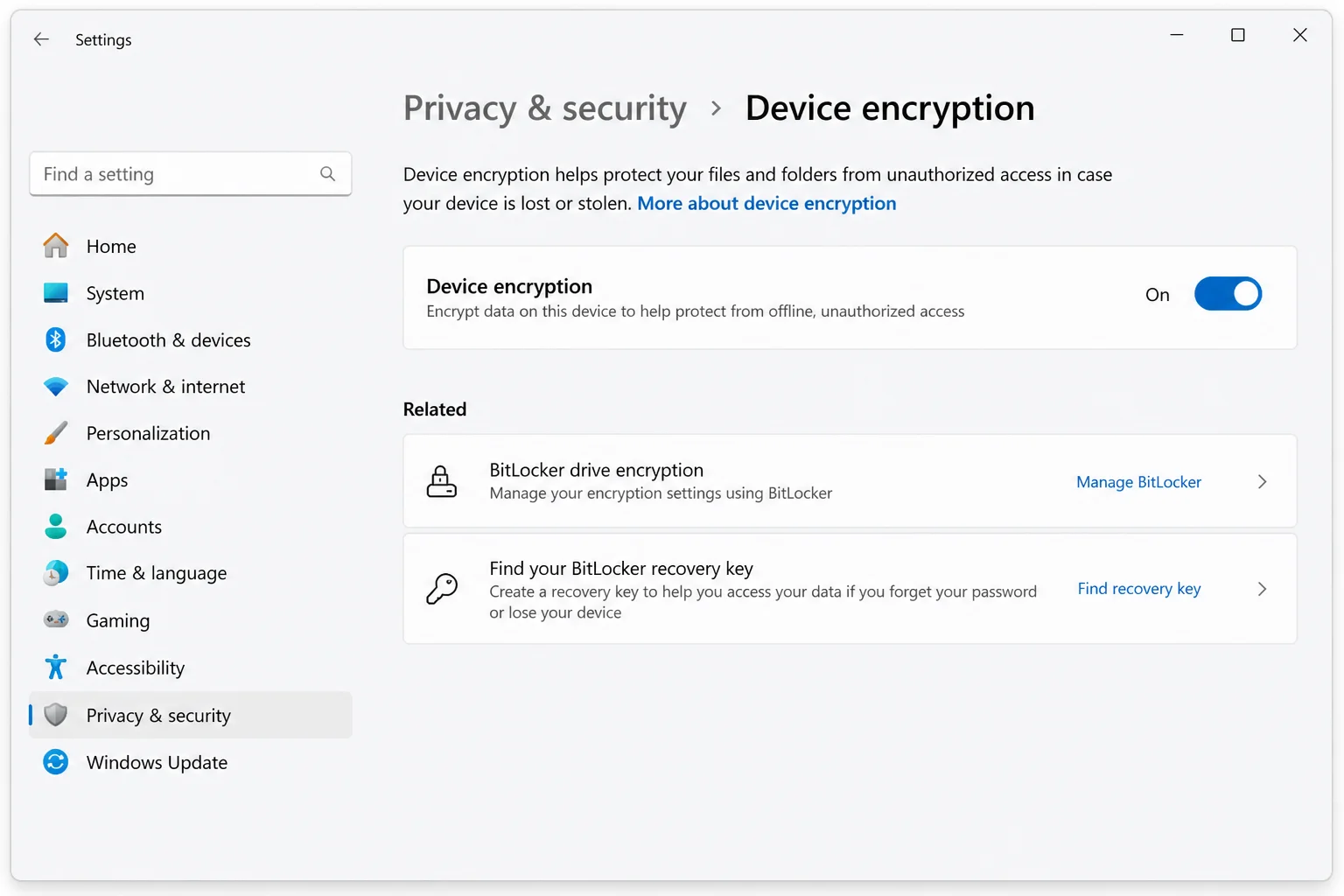 Windows Device encryption settings showing whether device encryption is on or off