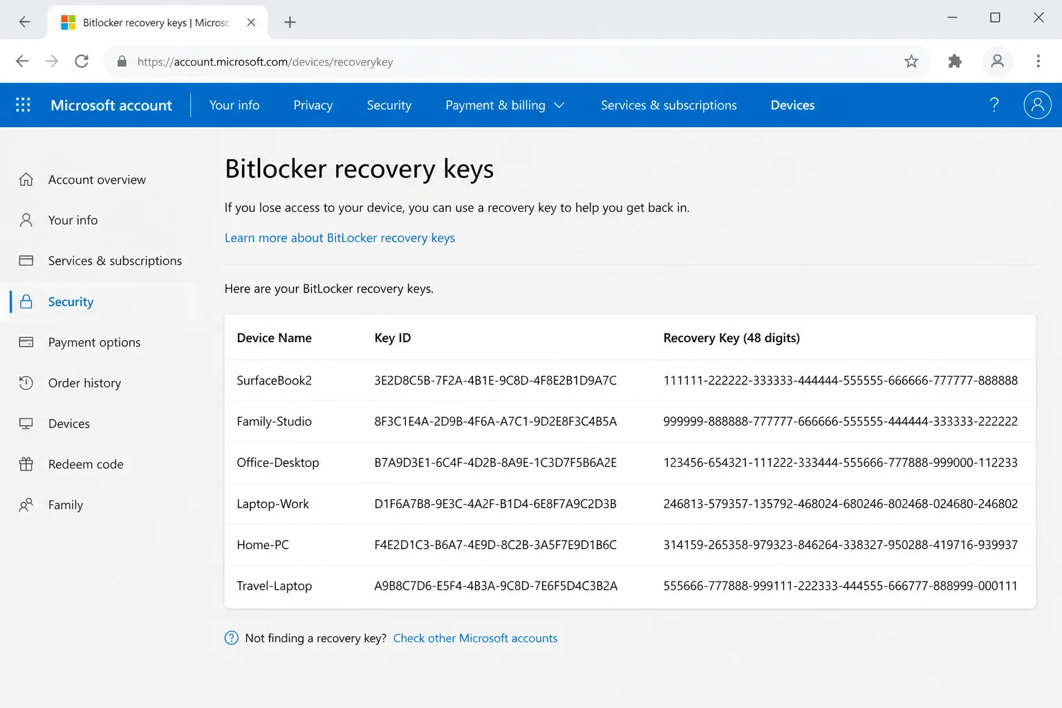 Signed-in Microsoft account recovery-key list showing device names, Key IDs, drives, and 48-digit recovery keys