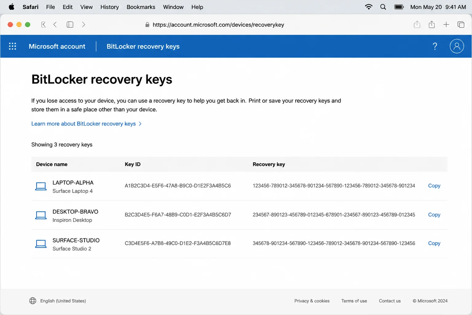 Safari on macOS displaying the signed-in Microsoft BitLocker recovery-key page