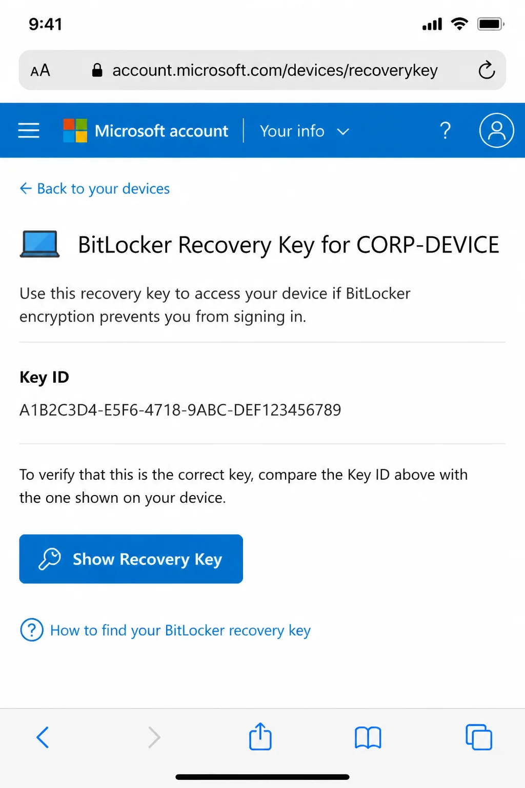 Safari on iOS displaying the signed-in Microsoft BitLocker recovery-key list