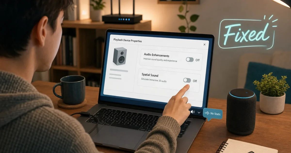 Person using a laptop to adjust audio settings in a home office, with 'Playback Device Properties' onscreen and toggles for Audio Enhancements and Spatial Sound (both Off).