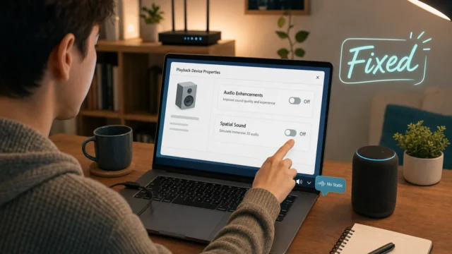 Person using a laptop to adjust audio settings in a home office, with 'Playback Device Properties' onscreen and toggles for Audio Enhancements and Spatial Sound (both Off).