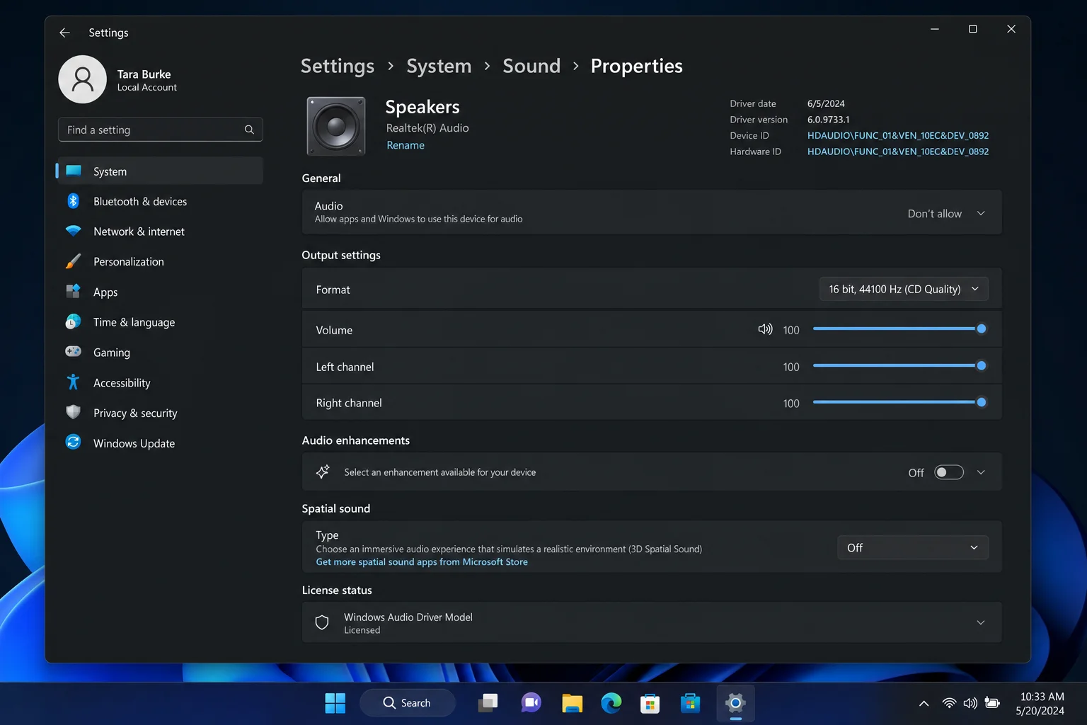 Windows 11 Settings > System > Sound > Speaker properties page showing Audio enhancements set to Off and Spatial sound set to Off