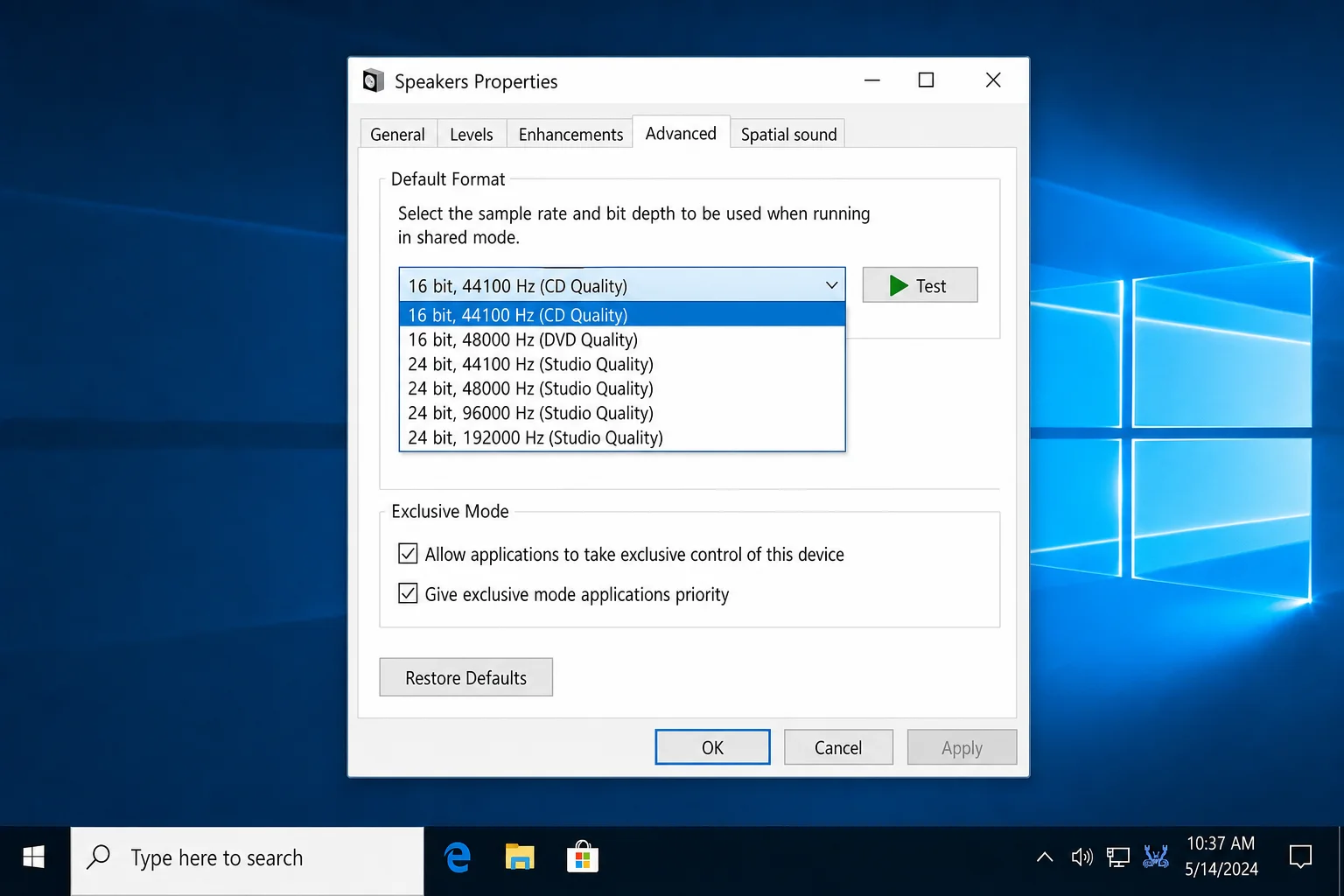 Sound control panel > Speakers Properties > Advanced tab showing Default Format dropdown set to 16 bit, 44100 Hz (CD Quality)
