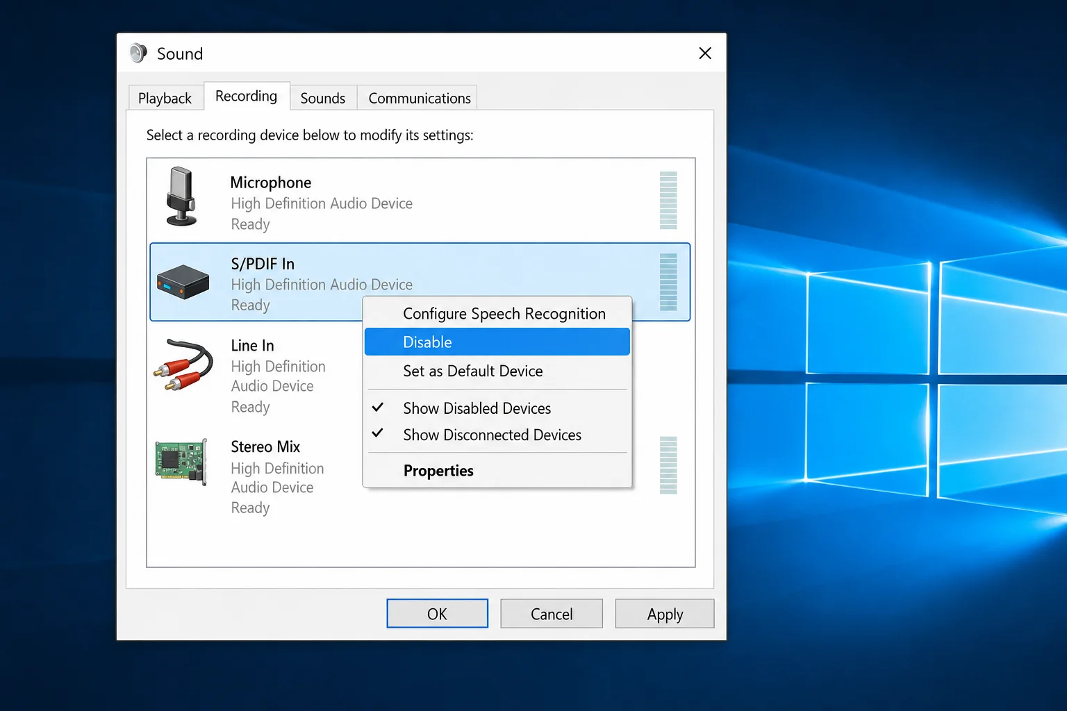 Sound control panel Recording tab showing right-click context menu on S/PDIF In device with Disable option highlighted