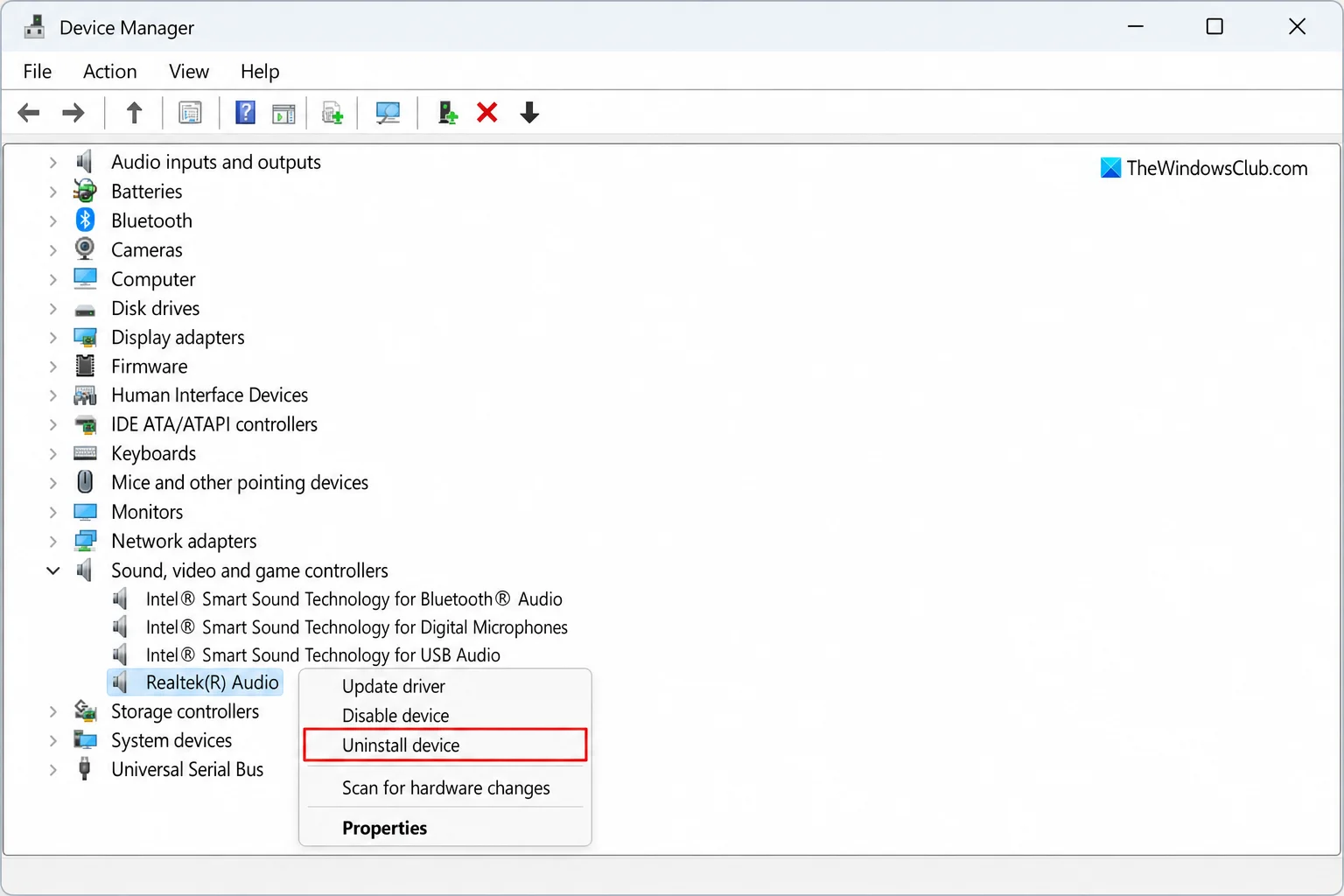Device Manager with Sound, video and game controllers expanded, right-click menu on Realtek(R) Audio showing Uninstall device option