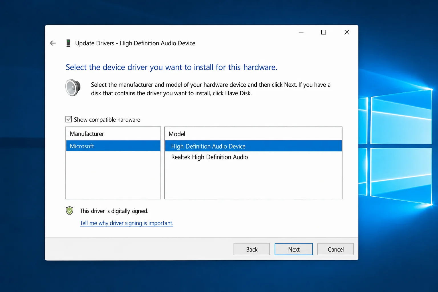 Device Manager Update Driver wizard showing "Let me pick from a list" screen with Microsoft selected as manufacturer and High Definition Audio Device selected on the right