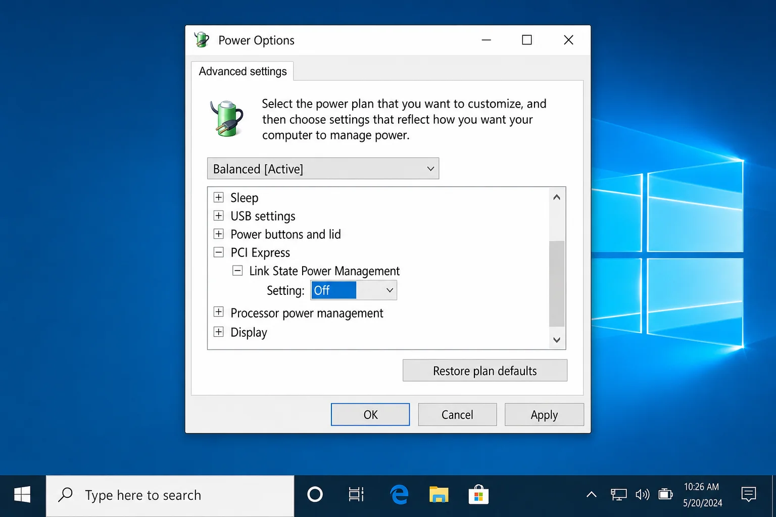 Advanced Power Settings dialog showing PCI Express > Link State Power Management set to Off and Processor power management > Minimum processor state set to 100%