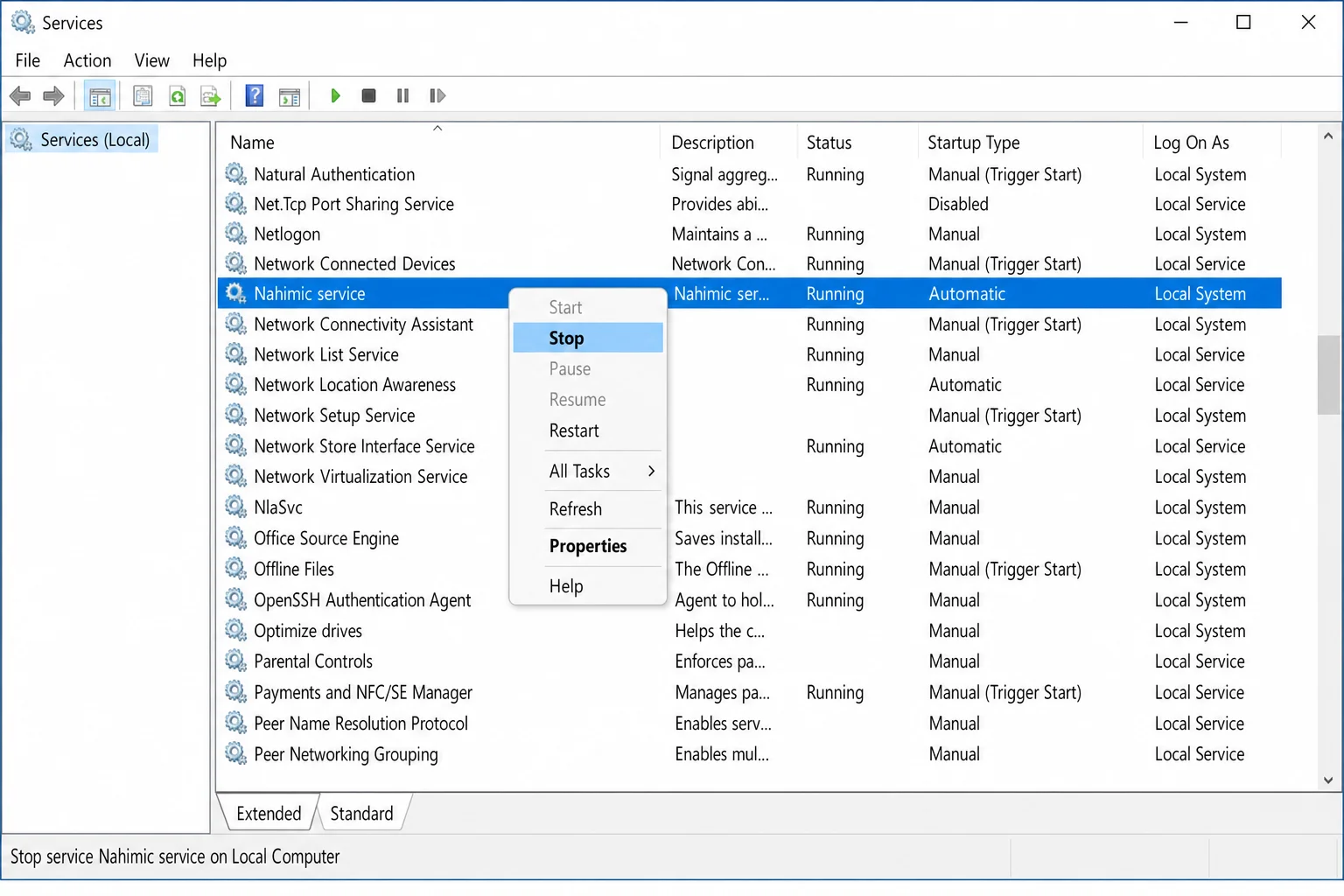 services.msc with Nahimic service highlighted and right-click menu showing Stop option