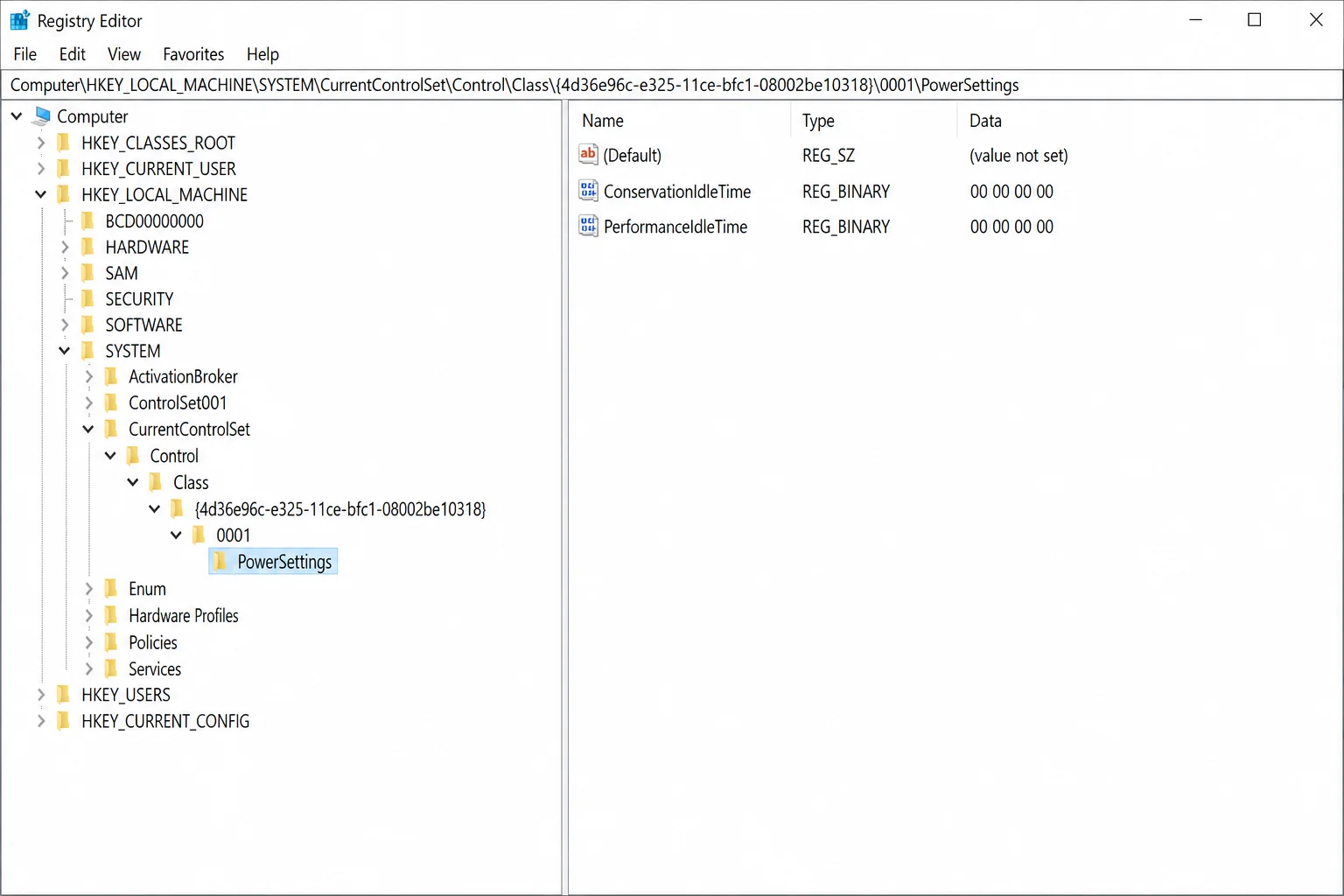 Registry Editor showing HKLM\SYSTEM\CurrentControlSet\Control\Class\{4d36e96c...}\0000\PowerSettings with ConservationIdleTime and PerformanceIdleTime values both set to 00 00 00 00