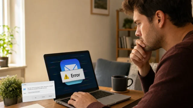 Man at a desk looking intently at a laptop displaying an error message on the screen, with a coffee mug nearby.