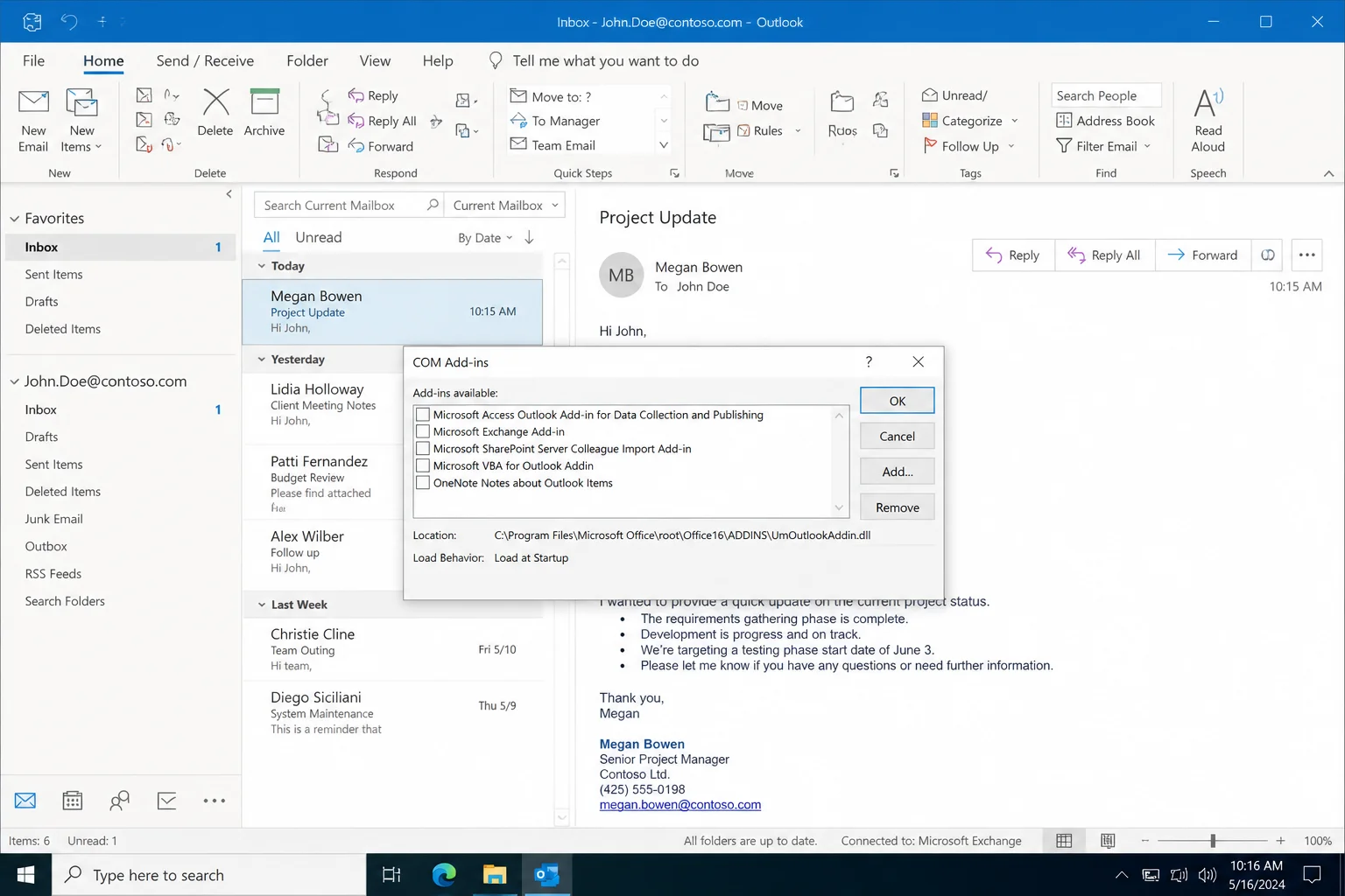 Outlook COM Add-ins dialog with all checkboxes unchecked and OK button visible over a clean readable email background