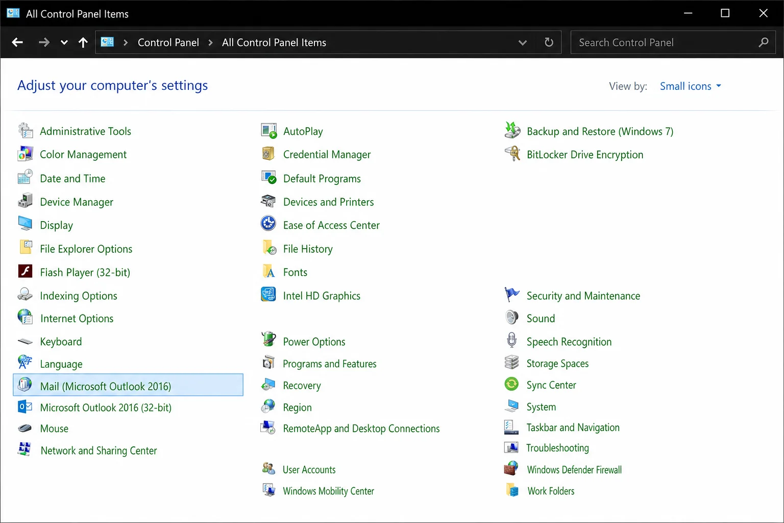 Control Panel in Small Icons view with "Mail (Microsoft Outlook)" highlighted
