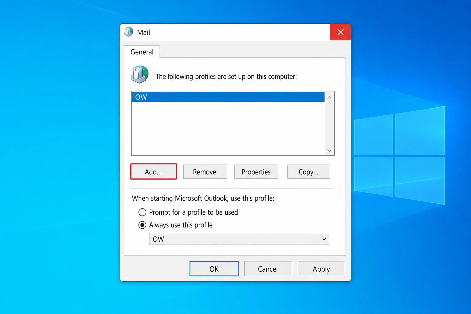Mail dialog showing Show Profiles window with Add button visible and "Always use this profile" radio button selected