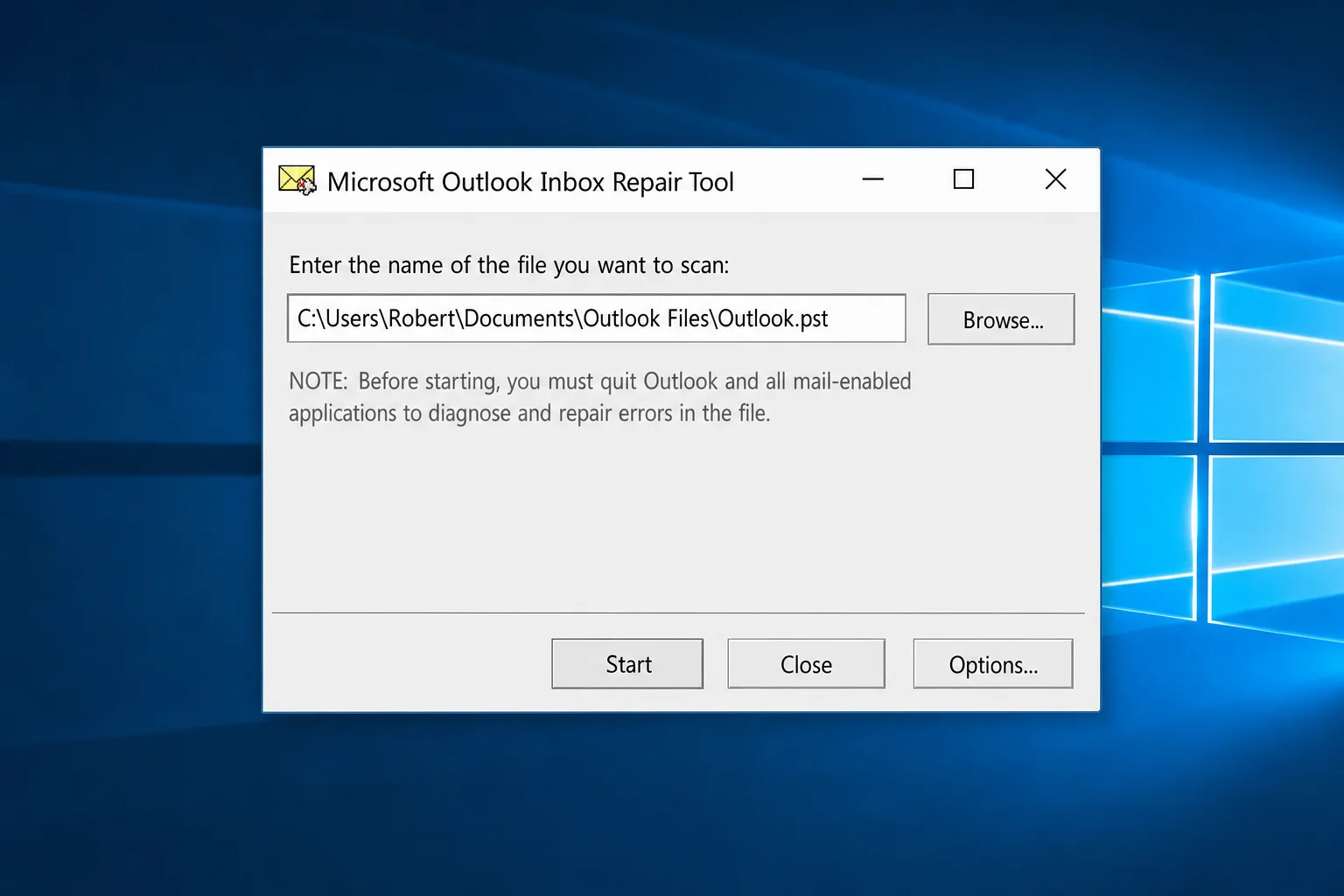 Microsoft Outlook Inbox Repair Tool with a PST file path entered and the Start button visible