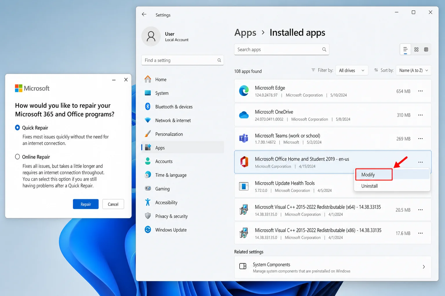 Windows 11 Installed Apps page with Microsoft 365 selected and the Modify button visible, showing Quick Repair and Online Repair options
