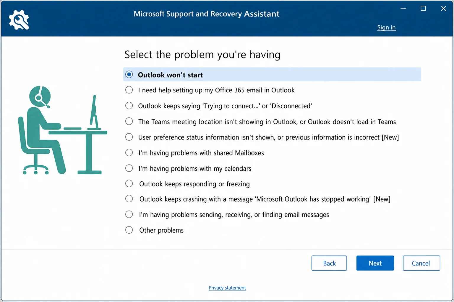Microsoft Support and Recovery Assistant with Outlook selected and "Outlook won't start" option highlighted