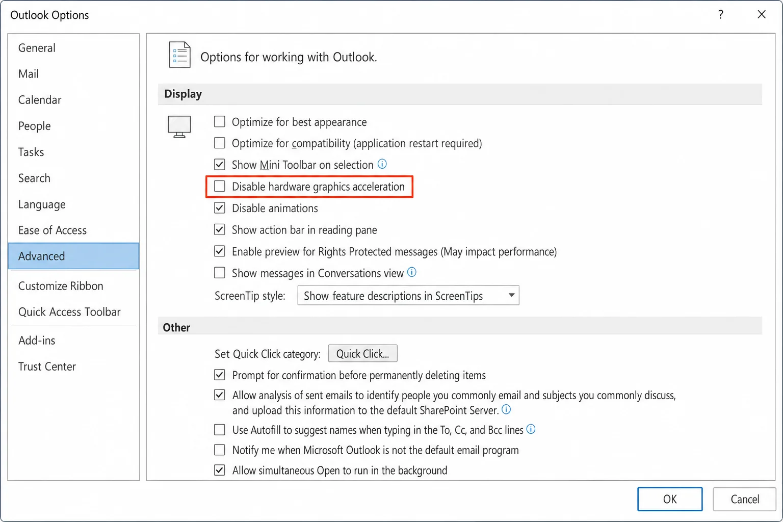 Outlook Options > Advanced with "Disable hardware graphics acceleration" checkbox highlighted under the Display section