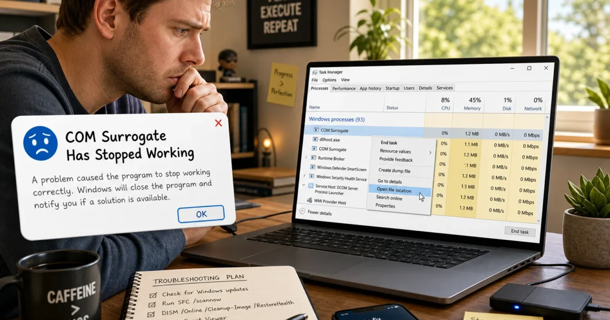 Man at a desk stares at a laptop error: 'COM Surrogate Has Stopped Working' message over Windows Task Manager.