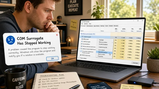 Man at a desk stares at a laptop error: 'COM Surrogate Has Stopped Working' message over Windows Task Manager.