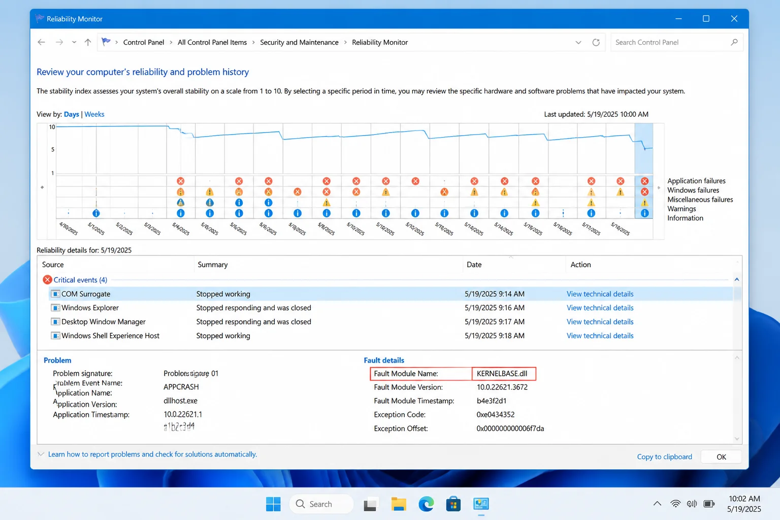 Reliability Monitor showing a COM Surrogate crash entry with View technical details open and the Fault Module Name field