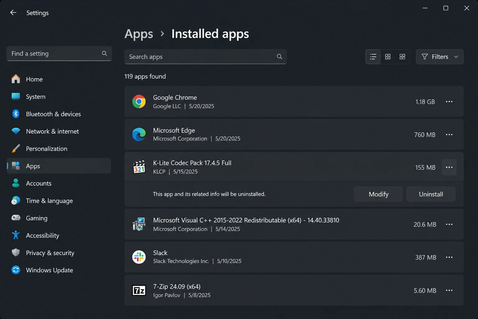 Windows 11 Settings > Apps > Installed apps with a codec pack selected showing the Uninstall and Modify options