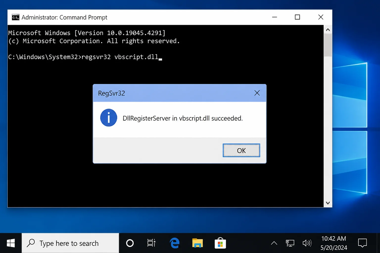 Elevated Command Prompt after running regsvr32 vbscript.dll with the success confirmation dialog visible on screen