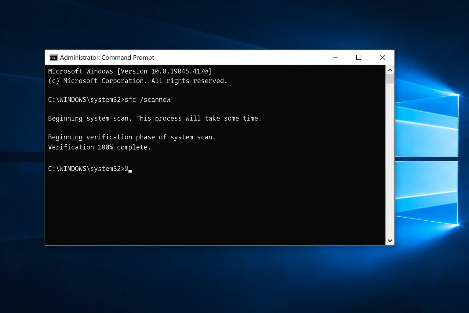 Elevated Command Prompt showing sfc /scannow running with the verification progress displayed