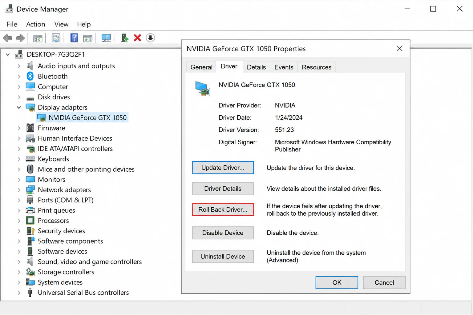 Device Manager with Display adapters expanded and GPU Properties open on the Driver tab, showing both Roll Back Driver and