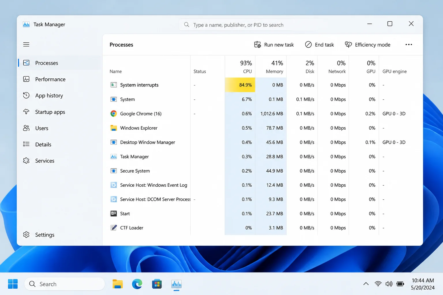 Windows 11 Task Manager Processes tab with System and System interrupts both visible in the CPU column, showing elevated