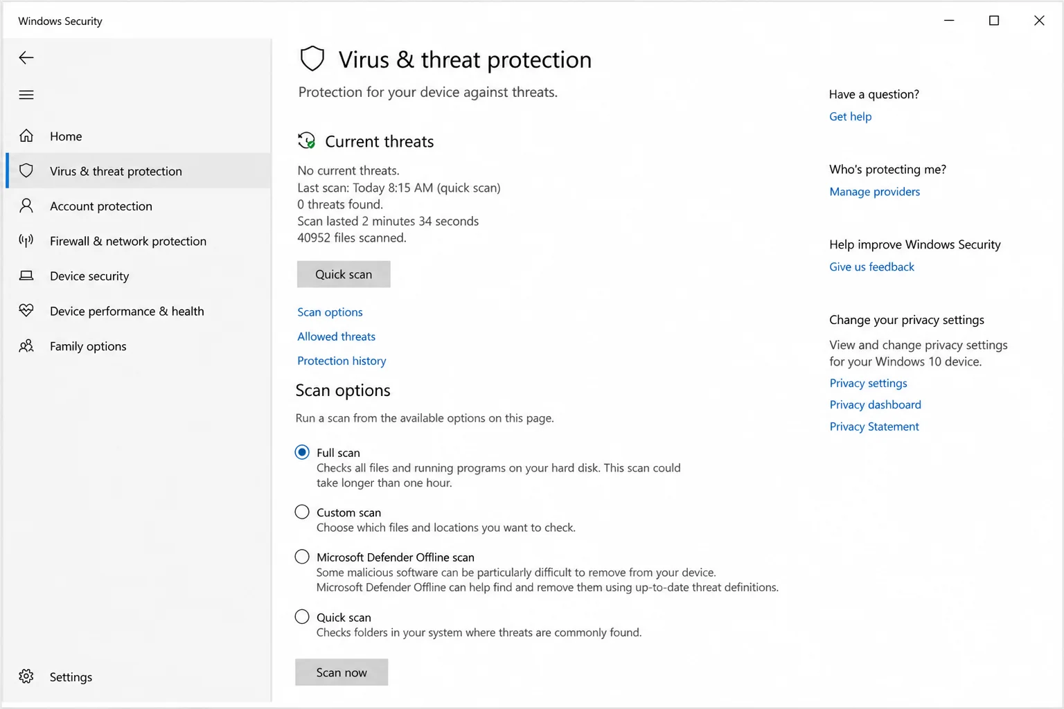 Windows Security Virus and threat protection Scan options page with Full scan radio button selected and Scan now button