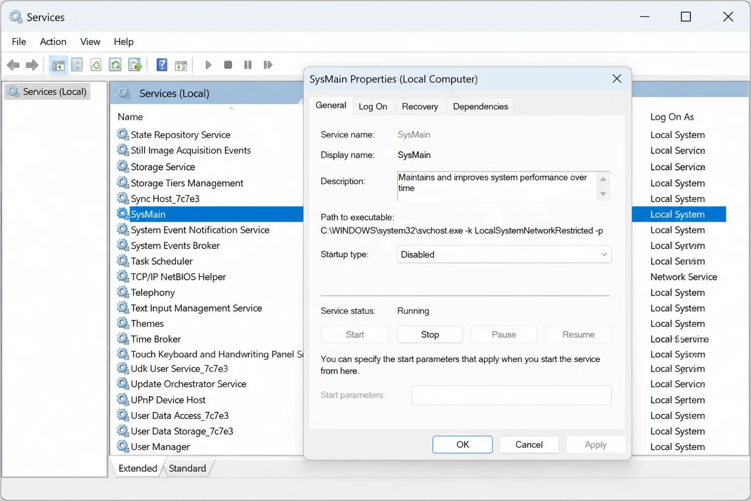 services.msc with SysMain selected, Properties dialog open showing Startup type dropdown set to Disabled with the Stop