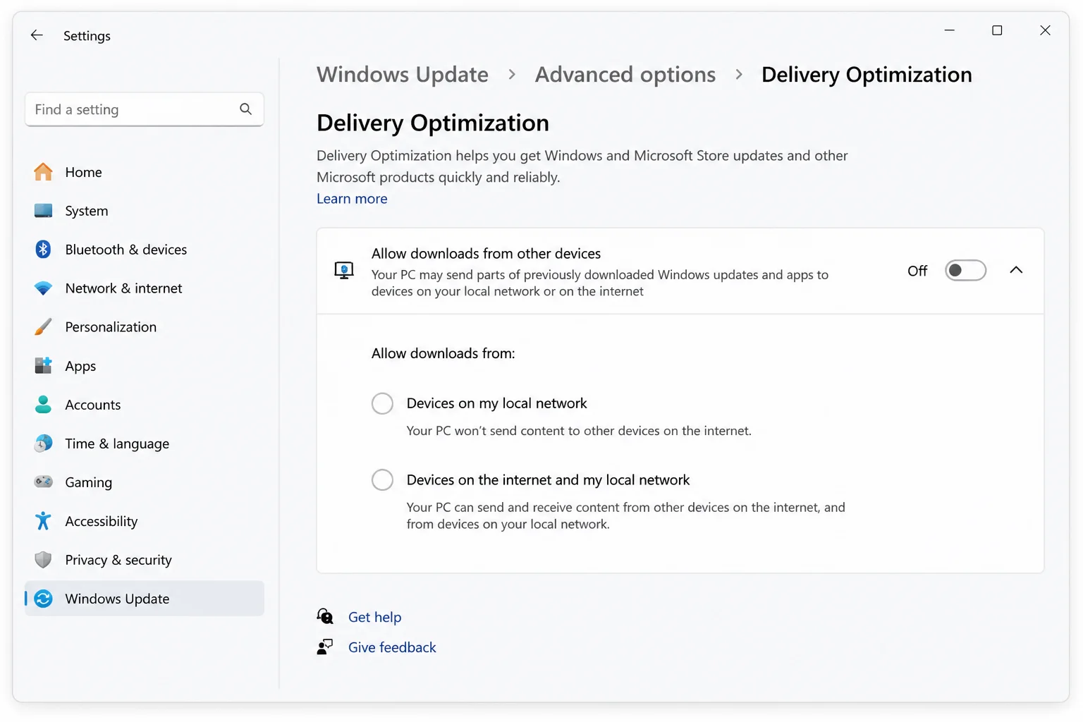 Windows 11 Settings > Windows Update > Advanced options > Delivery Optimization with the "Allow downloads from other PCs"