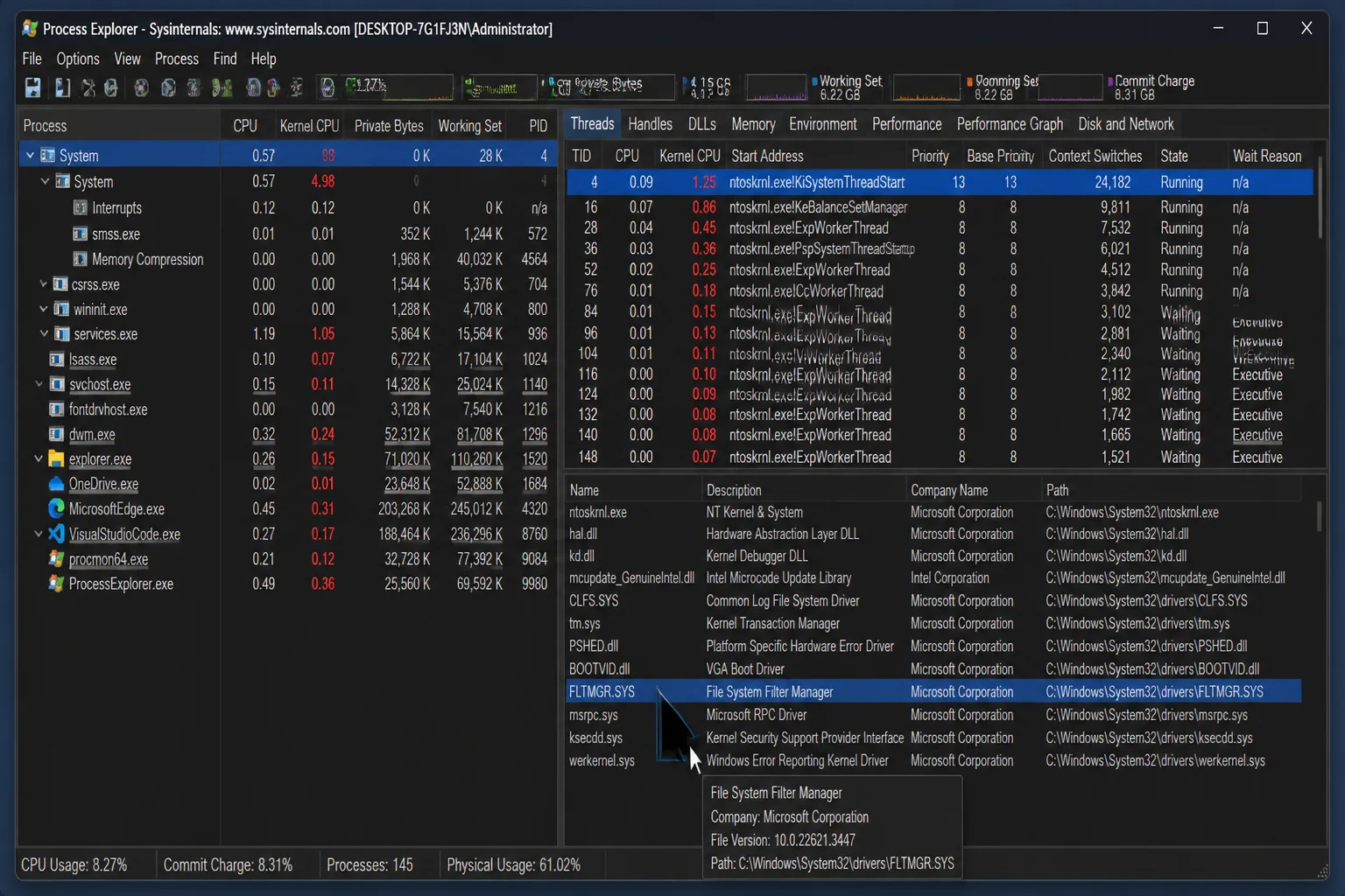 Process Explorer with Show Kernel Times enabled, System process expanded to show threads with red kernel CPU time values and