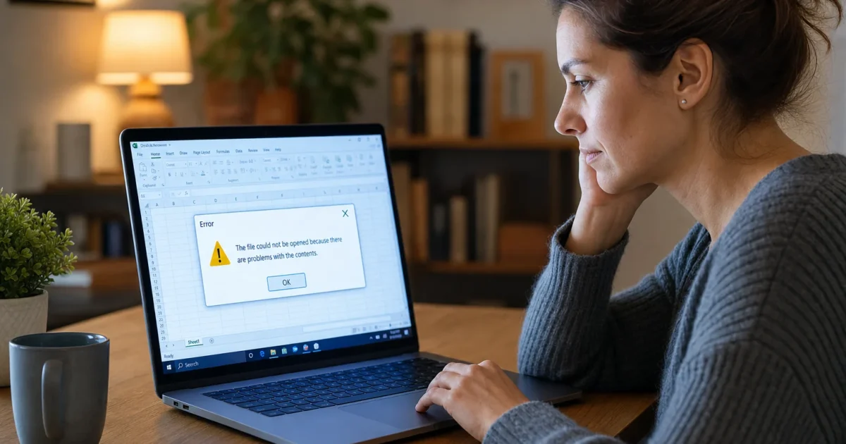 Woman at a desk using a laptop; an error dialog on screen reads: 'The file could not be opened because there are problems with the contents.'