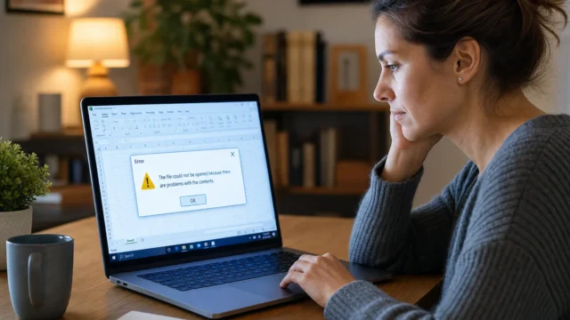 Woman at a desk using a laptop; an error dialog on screen reads: 'The file could not be opened because there are problems with the contents.'