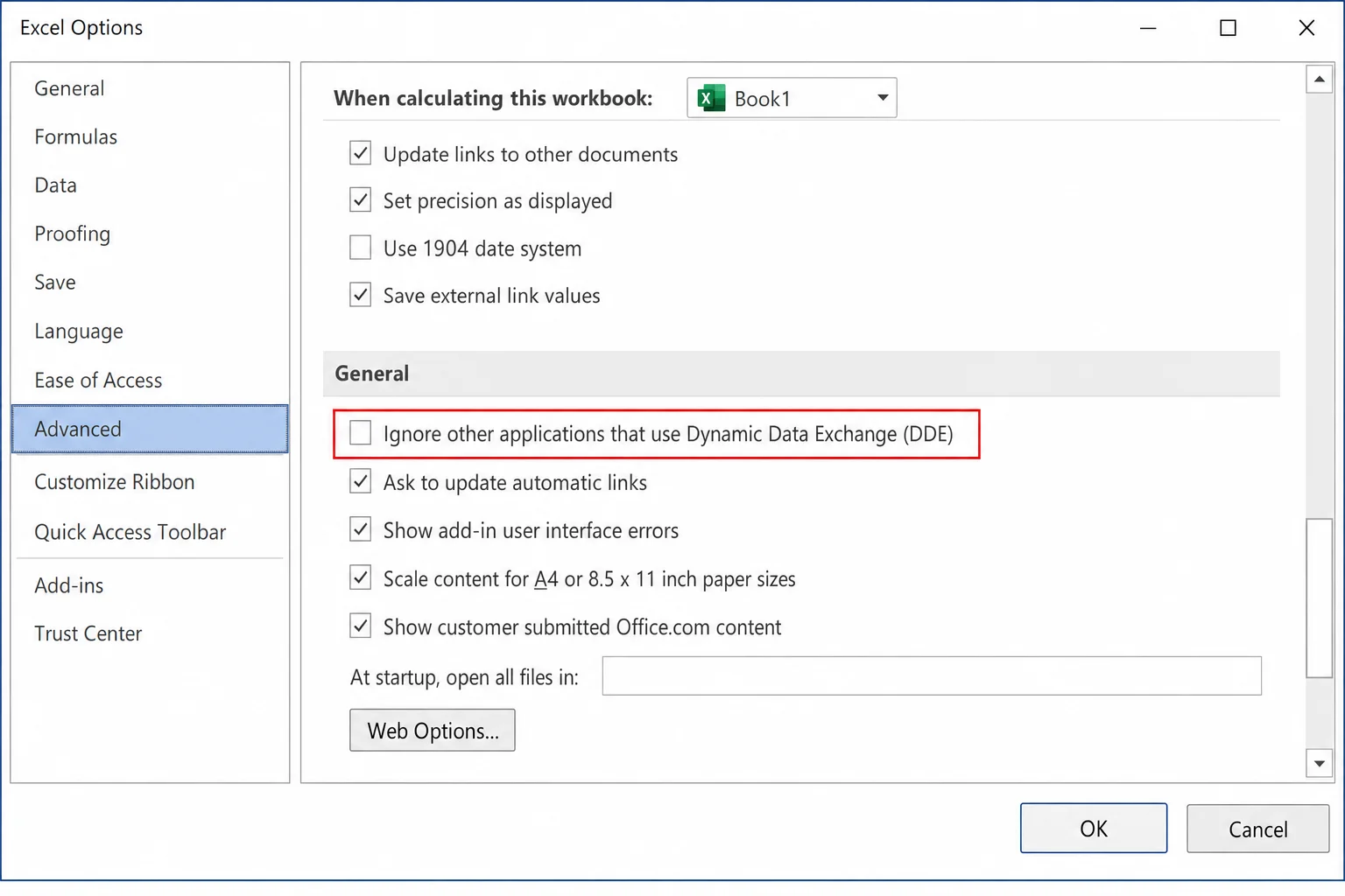 Excel Options > Advanced > General section with "Ignore other applications that use Dynamic Data Exchange (DDE)" checkbox visible and unchecked