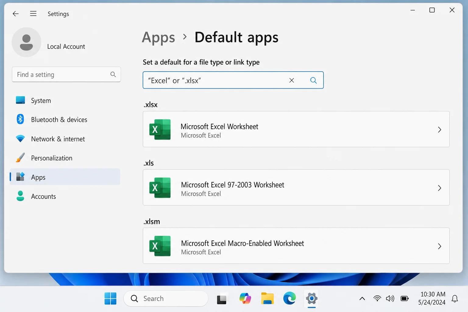 Windows 11 Settings > Apps > Default apps > Microsoft Excel showing list of file type associations including .xlsx and .xls