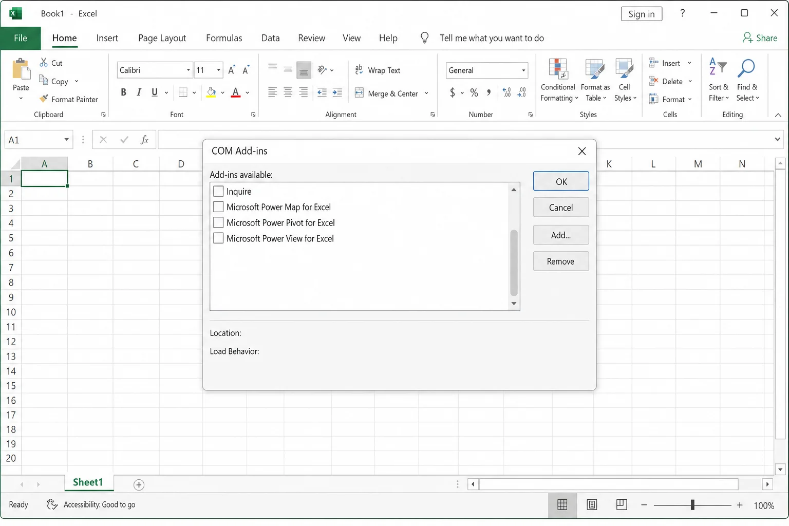 Excel Options > Add-ins > COM Add-ins dialog with all add-ins unchecked