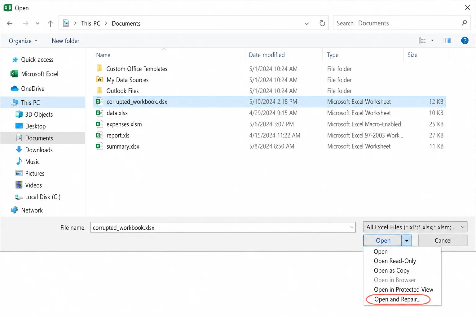 Excel Open dialog with a file selected and the dropdown arrow next to the Open button expanded, showing "Open and Repair" option
